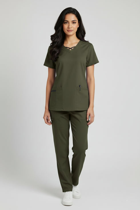 Women 3-Pocket Crisscross Contrast V-Neck Scrub